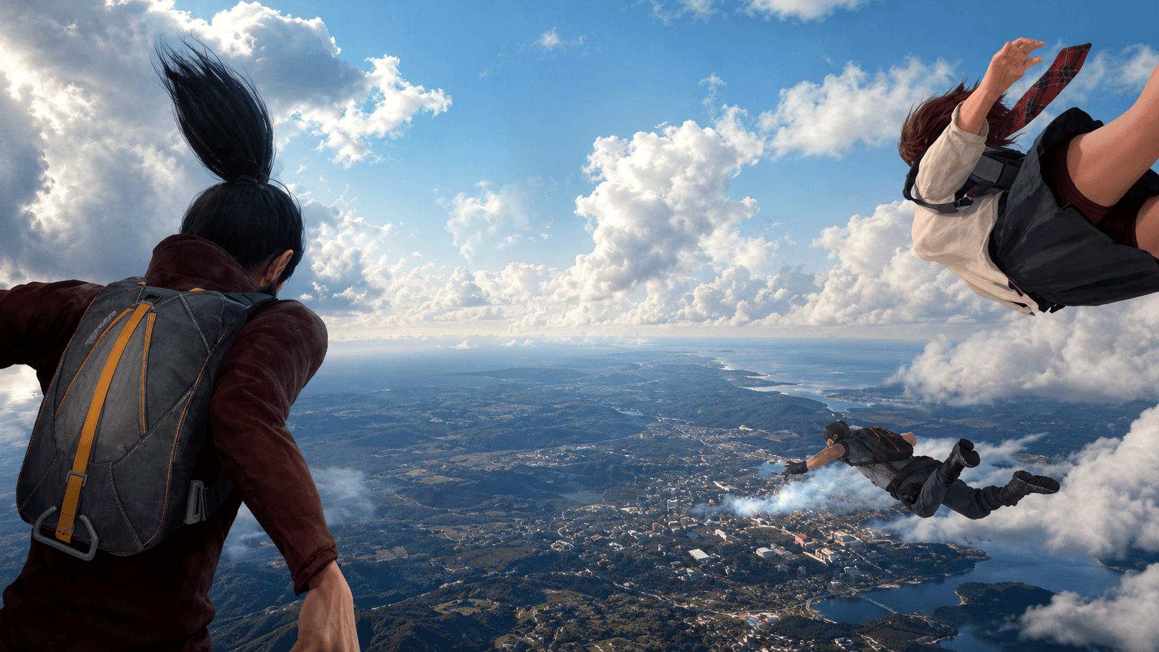 Two players in free fall over the coast, the artwork behind the Coming Soon game page in August 2026