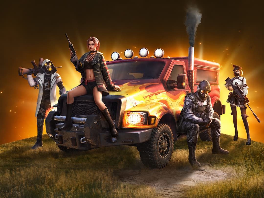 Launch artwork of a four-player fireteam gathered around a flame-painted truck