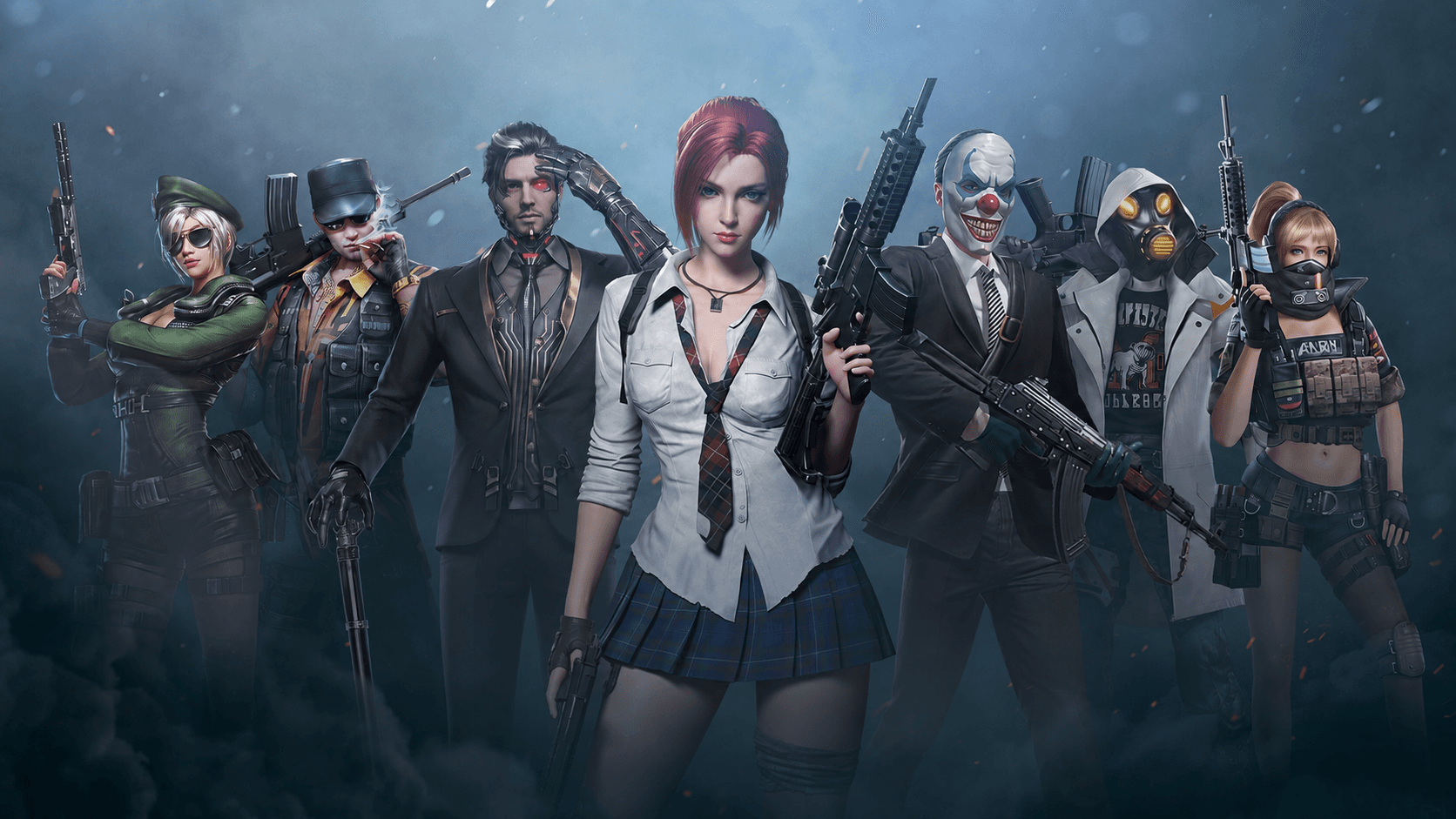Seven characters in different outfits on the Myth Games game page at the August 2026 Windows launch