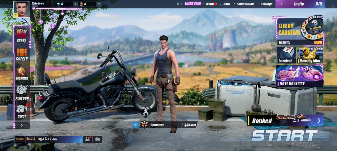 The ROS Legacy lobby after signing in, with the profile, the Store, Supply, Manual, Platoon and Depot menus and the START button