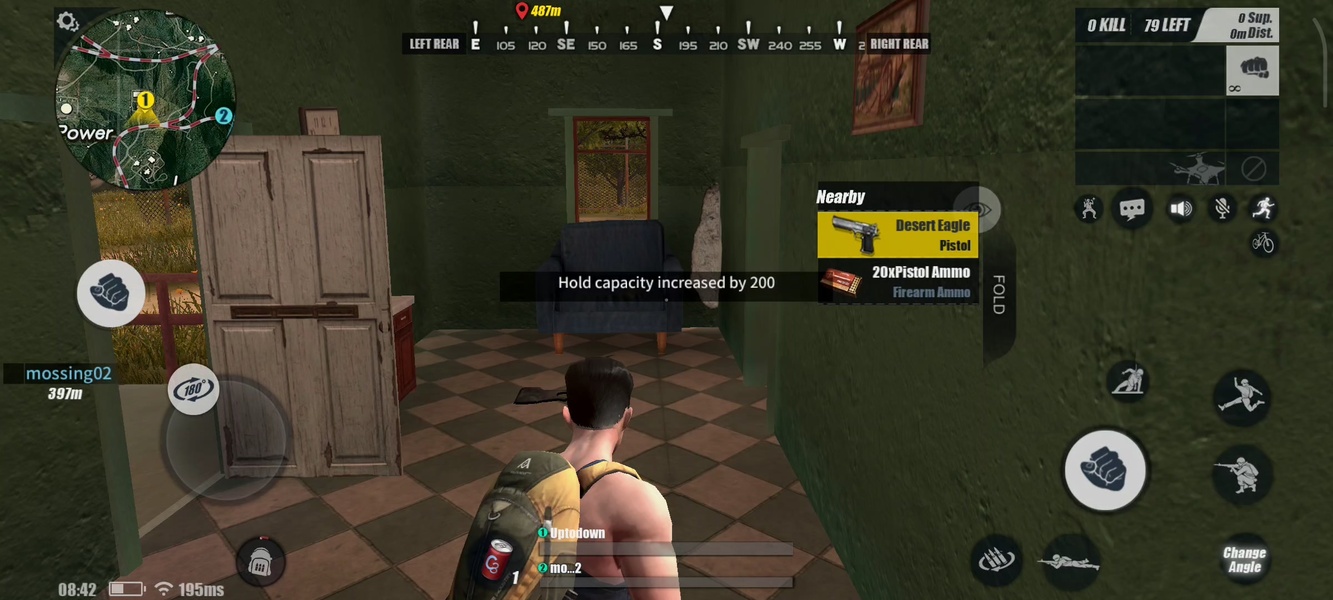 Android match screen inside a house, with a Desert Eagle pickup and 79 players left