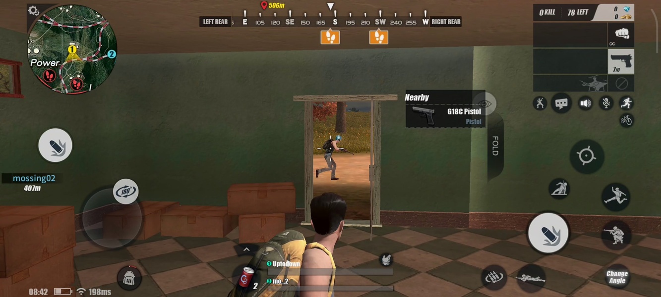 An Open Beta match HUD with a 198 ms ping reading in the bottom-left corner and a G18C Pistol pickup