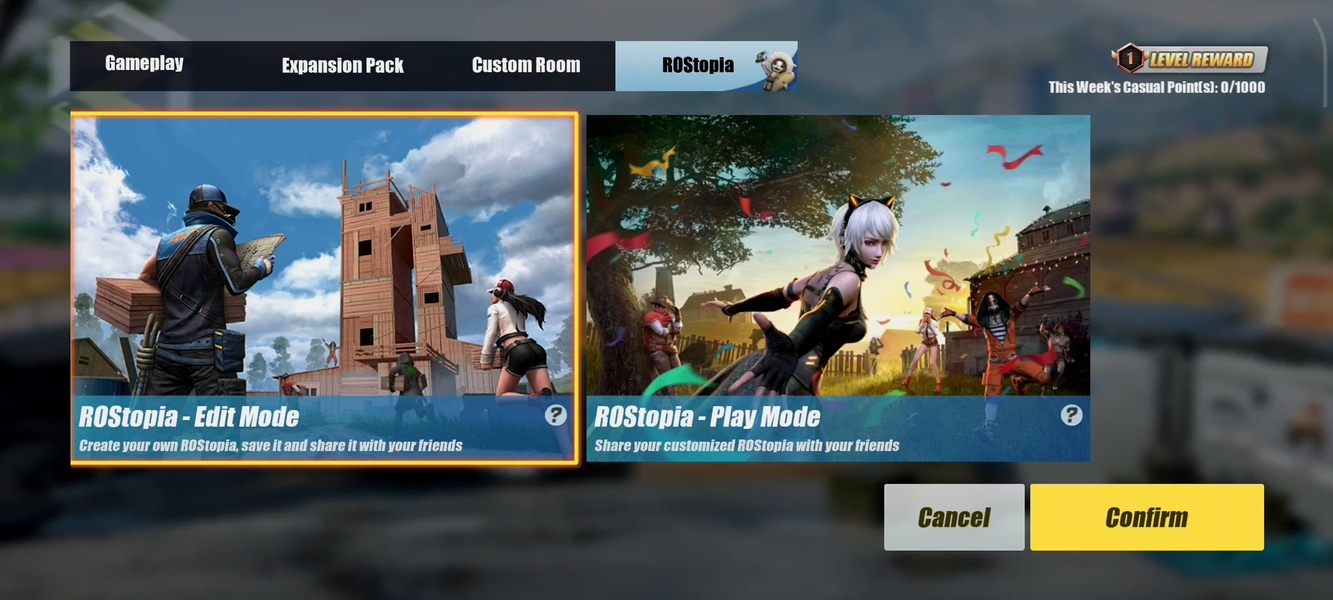 The ROStopia tab with its Edit Mode and Play Mode cards and the weekly Casual Points counter