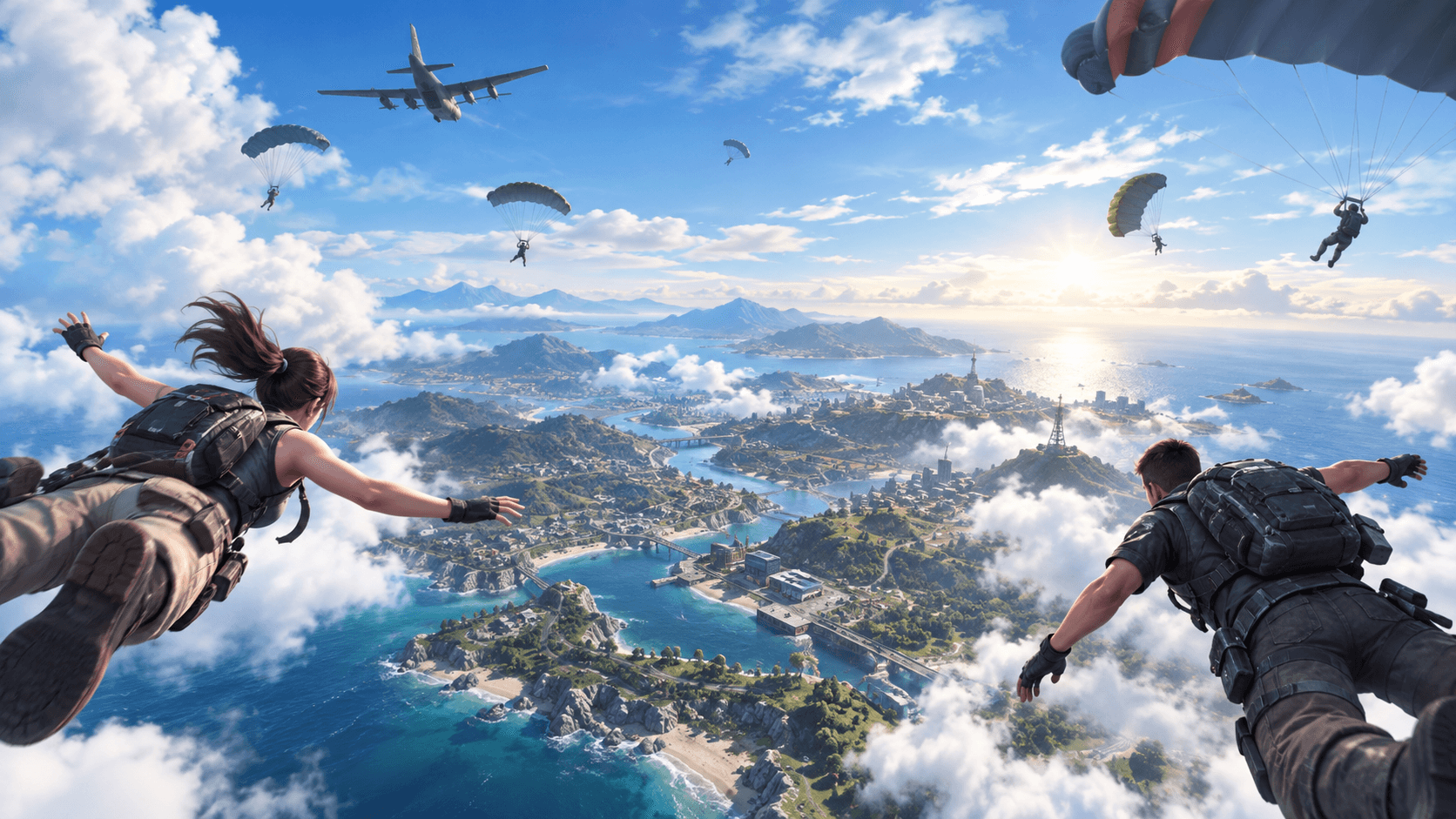 Skydiving toward the island in the ROS Legacy key art from the official site