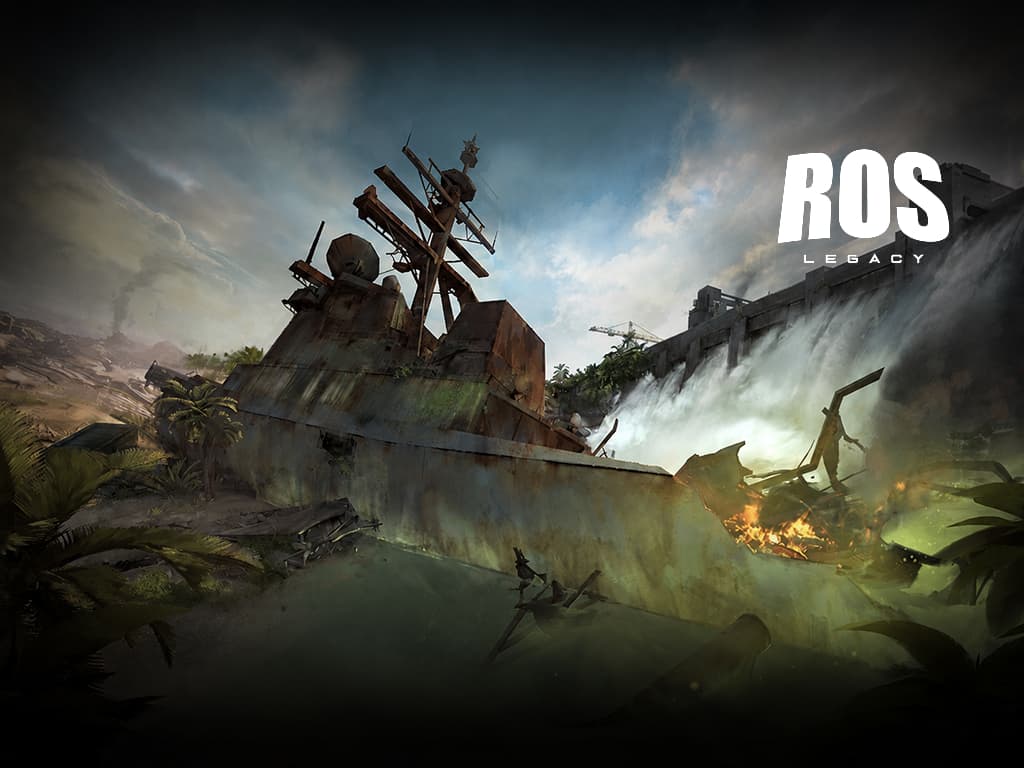Crash Site, zone 01: a grounded warship rusting below a dam spillway, with fires in the wreckage