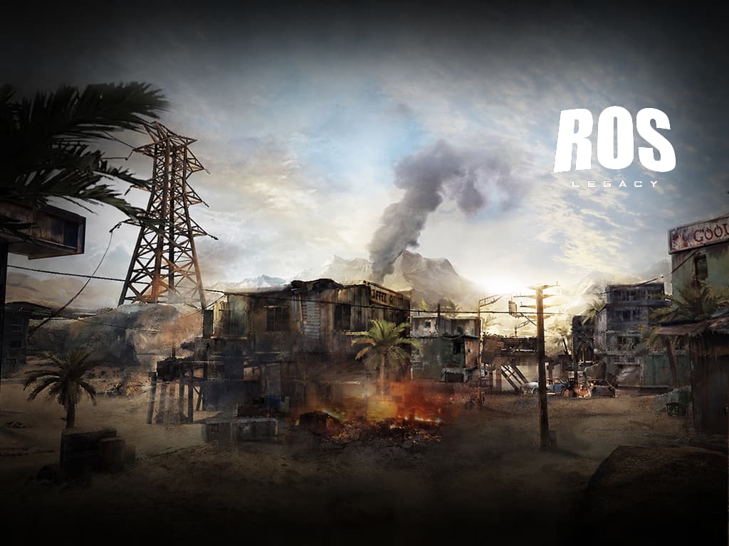Dust Quarter, zone 05: shacks, a power pylon and palms around a burning street, with smoke rising behind